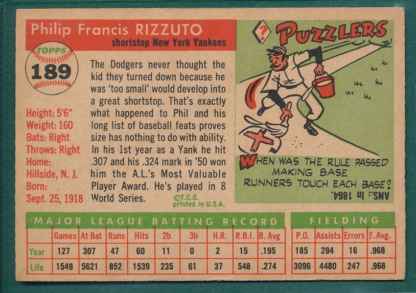 1955 Topps #189 Phil Rizzuto *Hi #*