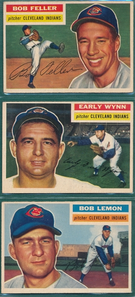 1956 Topps Lemon, Wynn & Feller, Lot of (3) Indians