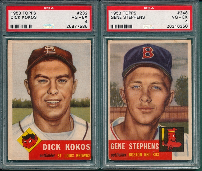 1953 Topps #232 Kokos & #248 Stephens, Lot of (2) PSA 4 *Hi #*
