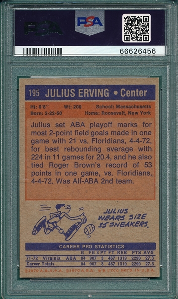 1972 Topps BSKT #195 Julius Erving PSA 5 *Rookie*