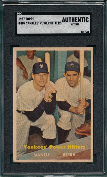 1957 Topps #407 Yankee Power Hitters W/ Berra & Mantle SGC Authentic