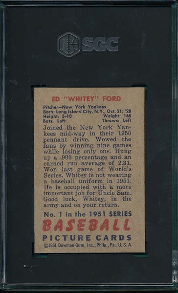 1951 Bowman #1 Whitey Ford SGC Authentic *Rookie*