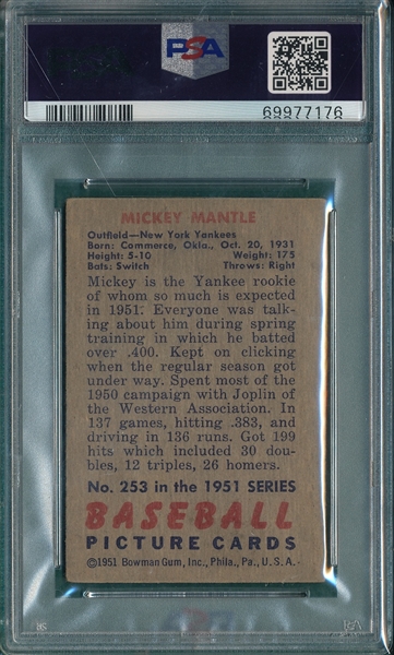 1951 Bowman #253 Mickey Mantle PSA 3 *Rookie*