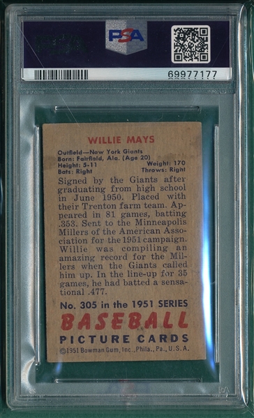 1951 Bowman #305 Willie Mays PSA 3 *Rookie*