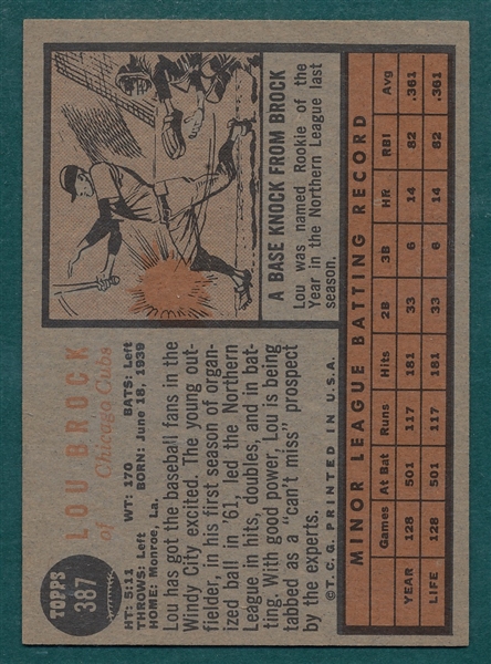 1962 Topps #387 Lou Brock, Rookie