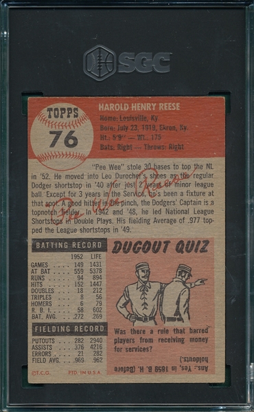 1953 Topps #76 Pee Wee Reese SGC 5 