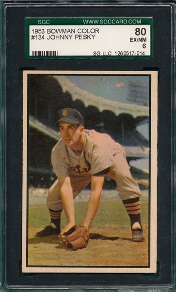 1953 Bowman Color #134 Johnny Pesky SGC 80