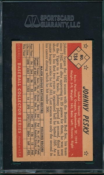 1953 Bowman Color #134 Johnny Pesky SGC 80
