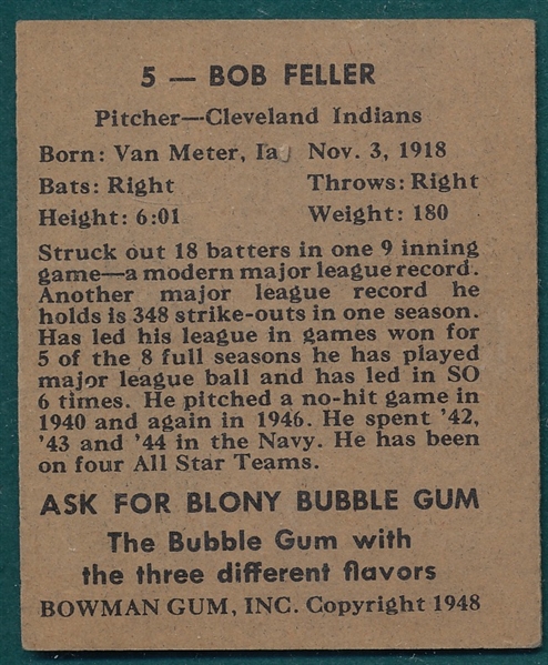 1948 Bowman #5 Bob Feller
