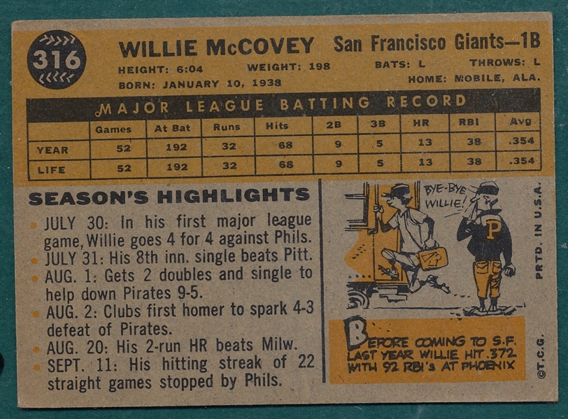 1960 Topps #316 Willie McCovey *Rookie*