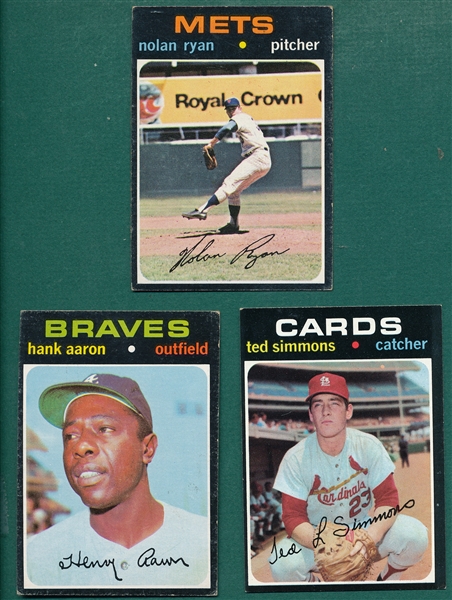 1971 Topps #117 Simmons, Rookie, #400 Aaron & #513 Ryan, Lot of (3)