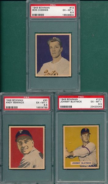 1949 Bowman #13, #30 & #123, Lot of (3) PSA 6.5