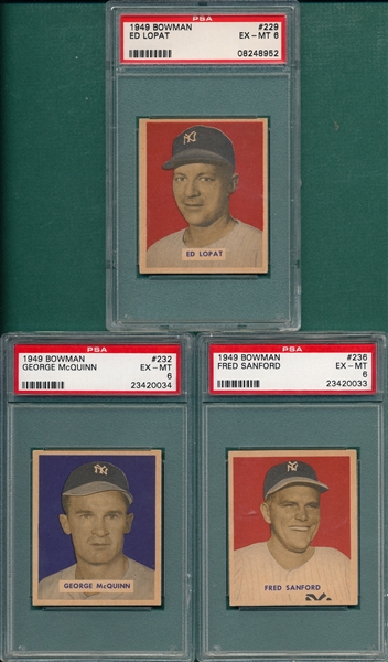 1949 Bowman #229 Lopat, #232 McQuinn and #236 Sanford, Lot of (3) Yankees PSA 6 *Hi #*