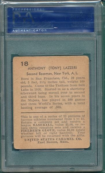 1932 U. S. Caramel #18 Tony Lazzeri PSA 4
