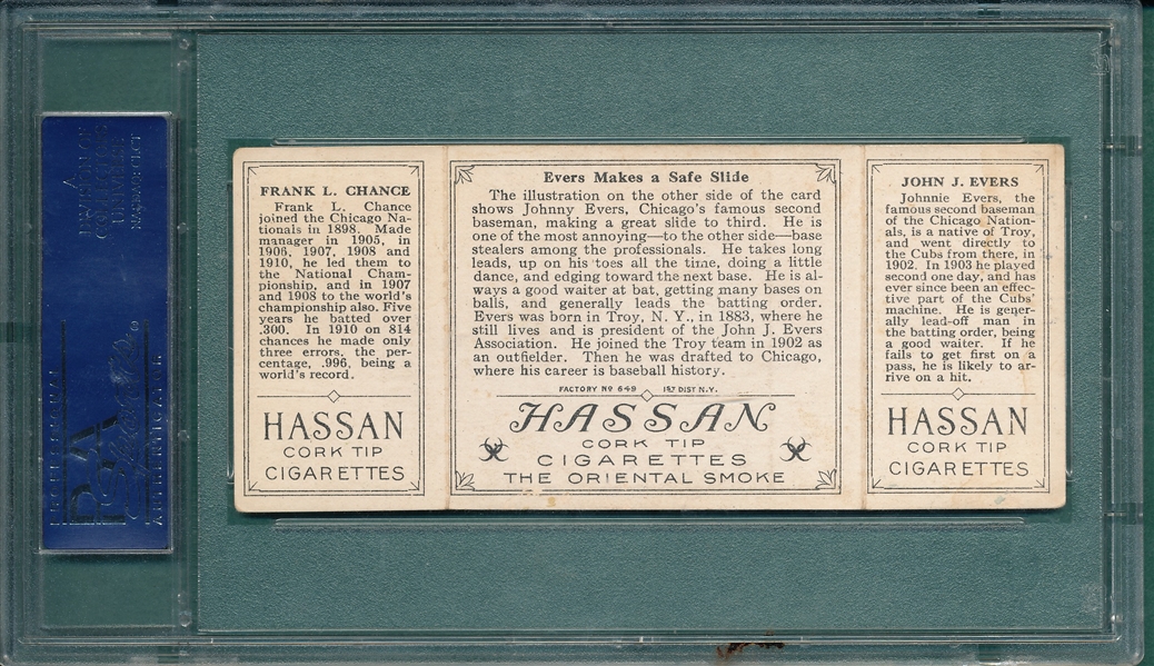 1912 T202 Evers Makes A Safe Slide, Chance/Evers, Hassan Cigarettes PSA 3