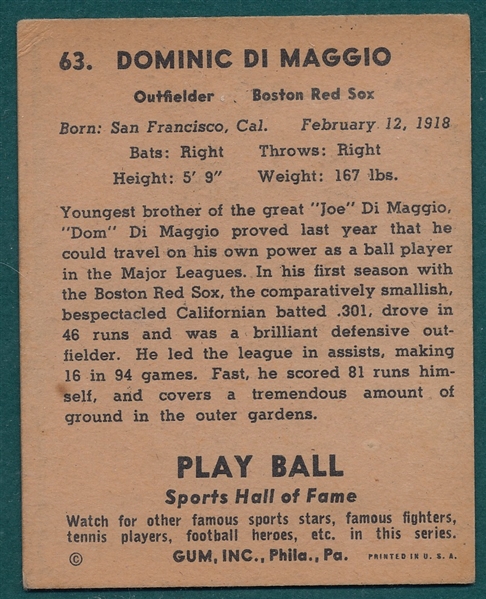1941 Play Ball #63 Dom DiMaggio *Rookie* 