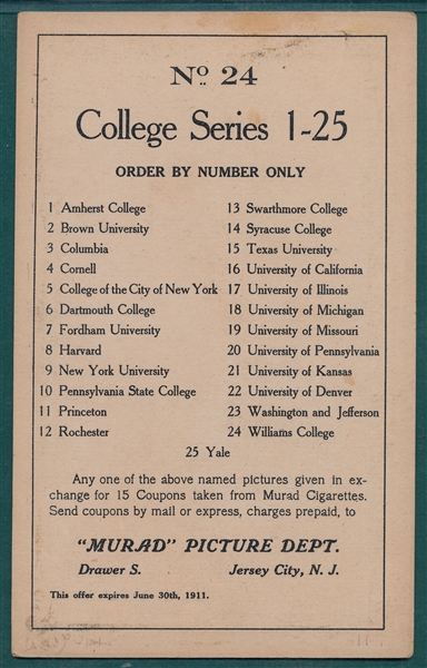 1910 T6 #24 Williams College Murad Cigarettes *Basketball*