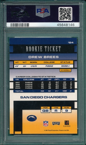 2001 Playoff Contenders #124 Drew Brees Rookie Ticket, Autographed, PSA 8/10