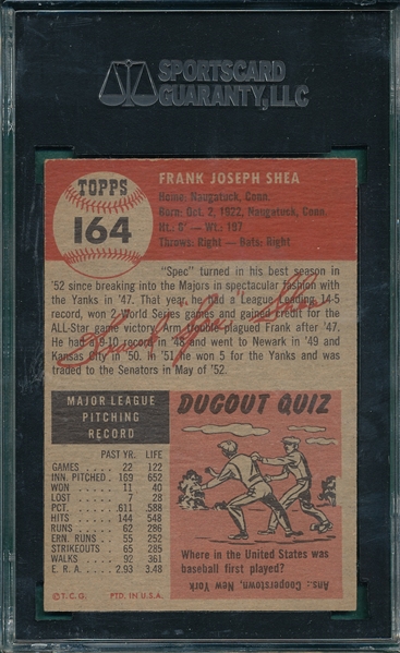 1953 Topps #164 Frank Shea SGC 88