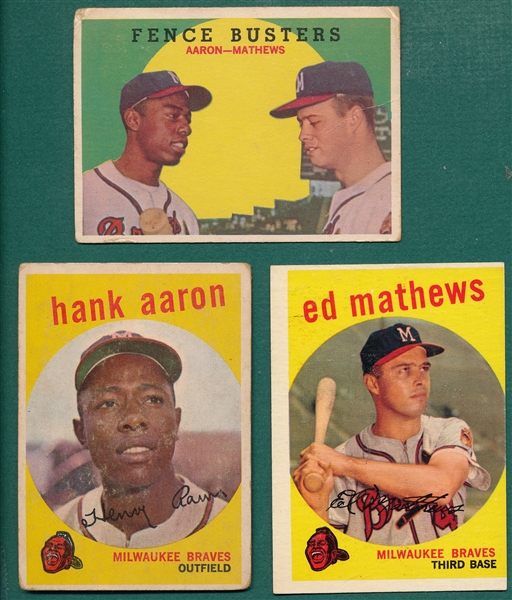 1959 Topps Lot of (3) Braves W/ Mathews & Aaron