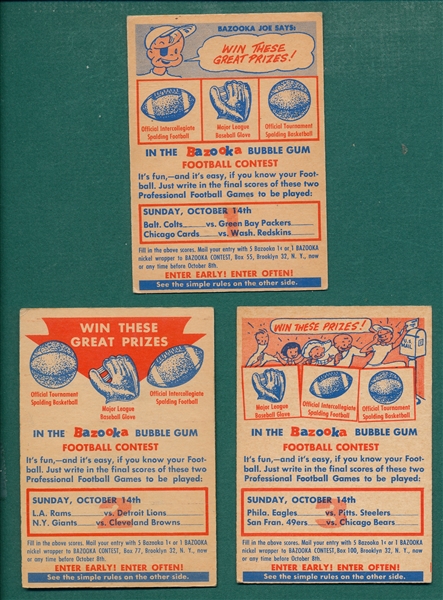 1956 Topps Football Lot of (3) Bazooka Contest Cards, October 14th