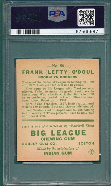 1933 Goudey #58 Left O'Doul PSA 5