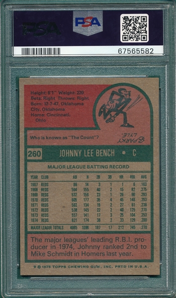 1975 Topps #260 Johnny Bench PSA 8