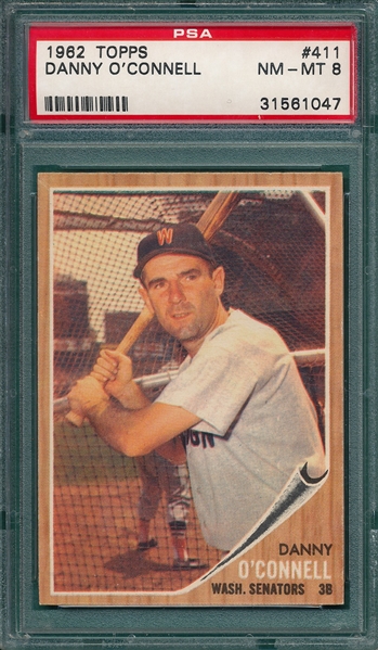 1962 Topps #411 Danny O'Connell PSA 8