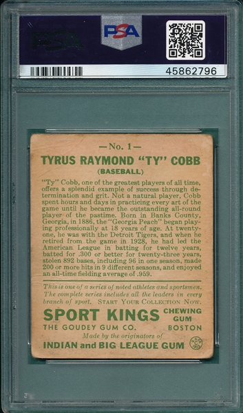 1933 Sport Kings #1 Ty Cobb PSA 2