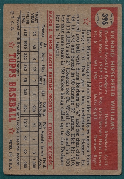 1952 Topps #396 Dick Williams *Hi #* *Rookie*