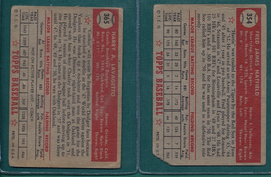 1952 Topps #354 Hatfield & #365 Lavagetto, Lot of (2)  *Hi #s* 