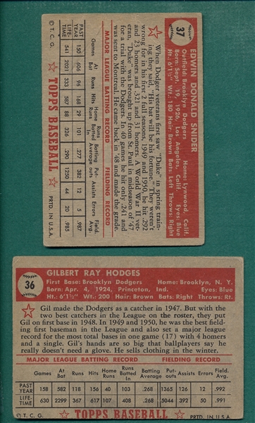 1952 Topps #36 Hodges & #37 Snider, Lot of (2) 