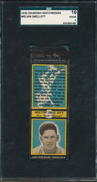 1935 Diamond Matchbooks Melvin Ott SGC 10