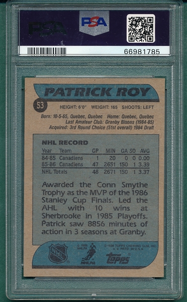 1986 Topps #53 Patrick Roy PSA 9 *MINT* *Rookie*