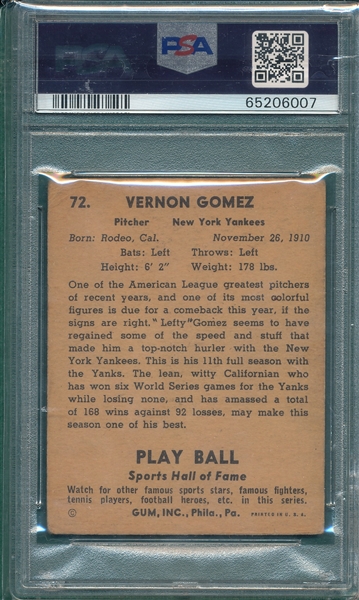 1941 Play Ball #72 Lefty Gomez PSA 2