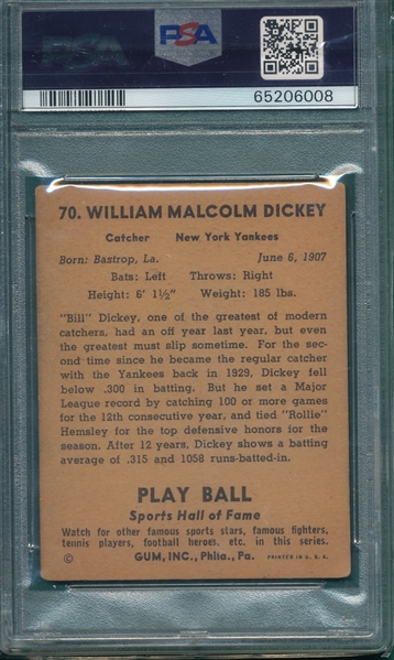 1941 Play Ball #70 Bill Dickey PSA 3