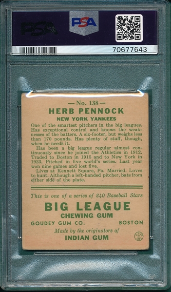 1933 Goudey #138 Herb Pennock PSA 3