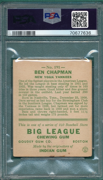 1933 Goudey #191 Ben Chapman PSA 3