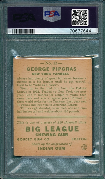1933 Goudey #12 George Pipgras PSA 2