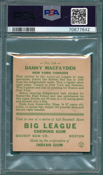 1933 Goudey #156 Danny MacFayden PSA 4