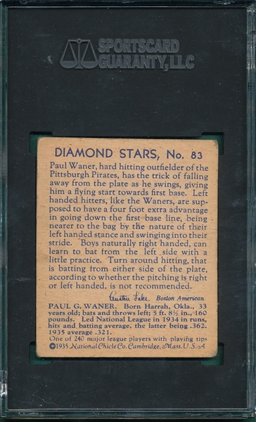 1934-36 Diamond Stars #83 Paul Waner SGC 2