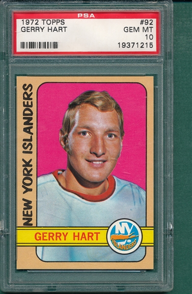1972 Topps Hockey #92 Gerry Hart PSA 10 *Gem Mint*