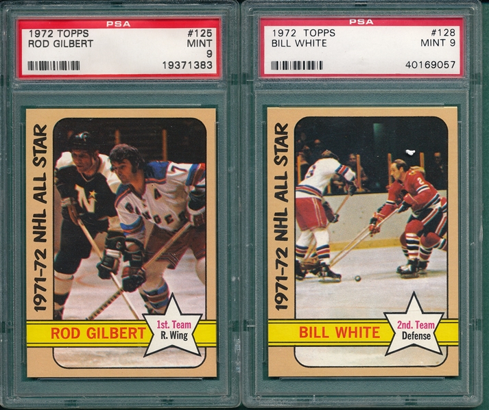 1972 Topps Hockey #125 Gilbert & #128 White, Lot of (2) All Stars, PSA 9 *Mint*