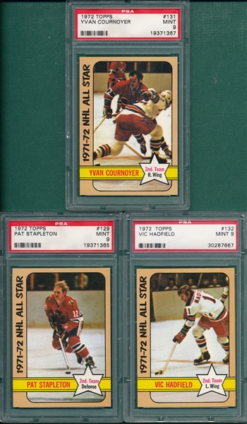 1972 Topps Hockey #129 Stapleton, #131 Cournoyer & #132 Hadfield, Lot of (3) All Stars, PSA 9 *Mint*