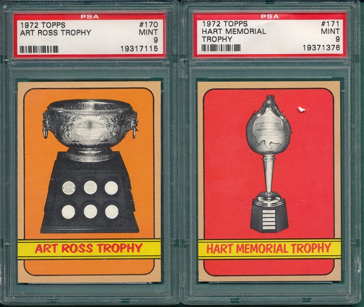 1972 Topps Hockey #170 Art Ross & #171 Hart Trophies, Lot of (2) PSA 9 *Mint*