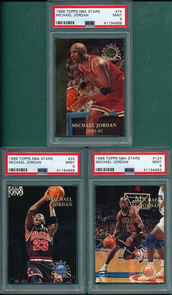 1996 Topps NBA Stars #24, #74 & #124 Michael Jordan, Lot of (3), PSA 9 *Mint*