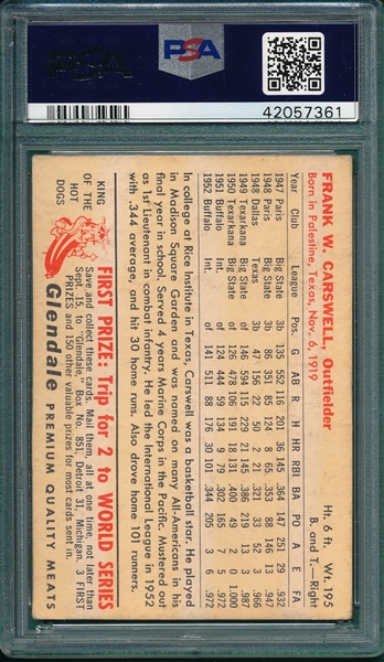 1953 Glendale Hot Dogs Frank Carswell PSA 2