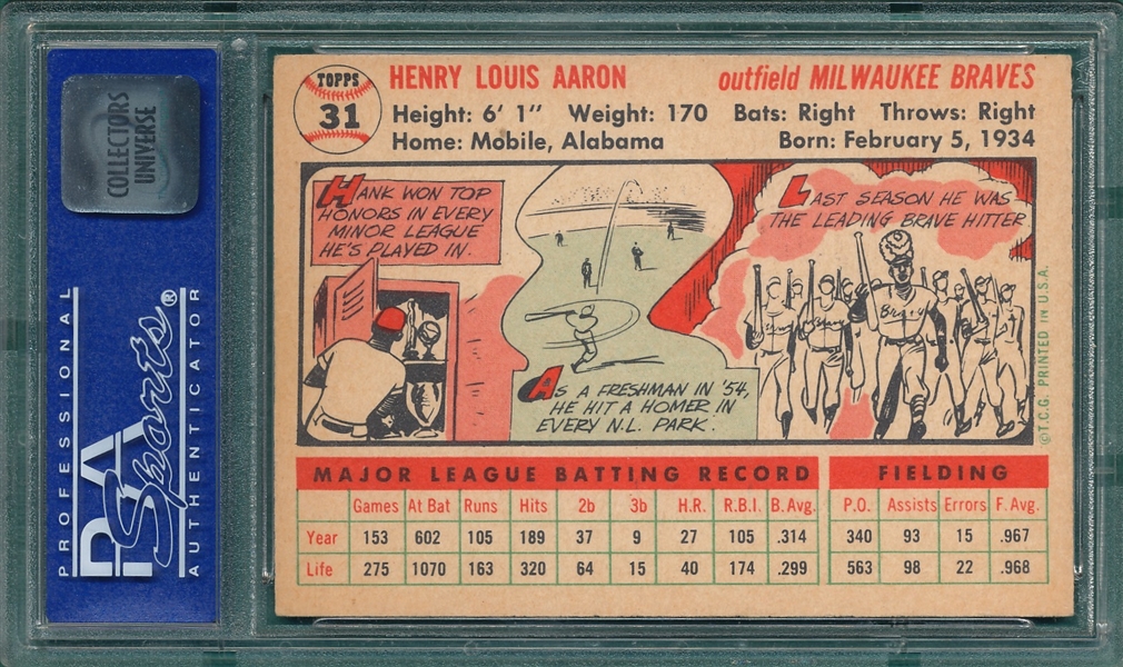 1956 Topps #31 Hank Aaron PSA 6 *White Back*