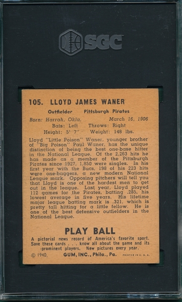 1940 Play Ball #105 Lloyd Waner SGC 5