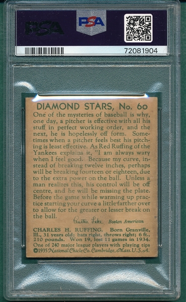 1934-36 Diamond Stars #60 Red Ruffing PSA 2